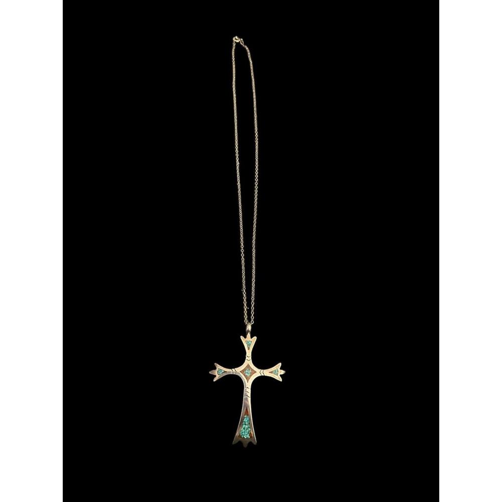 Sterling Native American Cross With Inlaid Red Coral And Turquoise Silver Chain - Picture 16 of 16